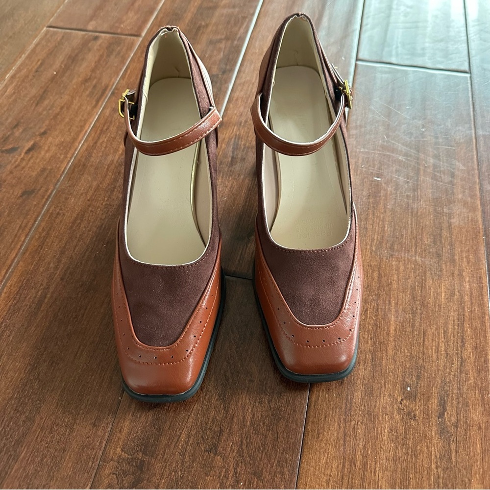 Vintage Style Brown Suede & Leather Mary Jane Heels Square Toe Dark Academia - Picture 4 of 9